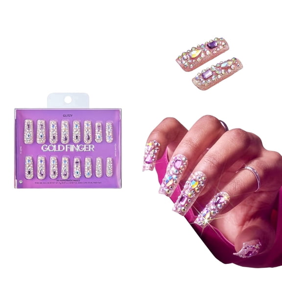 GoldFinger Glitzy 3D Handmade Press On Nail Kit, Multicolor Rhinestone Gem X-Long Square False Nail, Reusable & Lasts Up To 2 Weeks, Seamless Snug Fit Technology, With Glue, File & 28Pcs Manicure Set