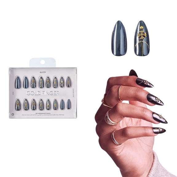 GoldFinger Glitzy 3D Handmade Press On Nail Kit, Rhinestone Gem Black Chrome Long Almond False Nail, Reusable & Lasts Up To 2 Weeks, Seamless Snug Fit Technology, With Glue, File & 28Pcs Manicure Set