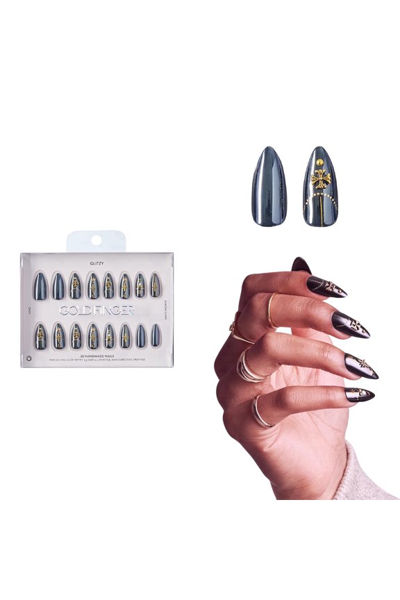 Glitzy 3D Handmade Press On Nail Kit, Rhinestone Gem Black Chrome Long Almond False Nail, Reusable & Lasts Up To 2 Weeks, Seamless Snug Fit Technology, With Glue, File & 28Pcs Manicure Set