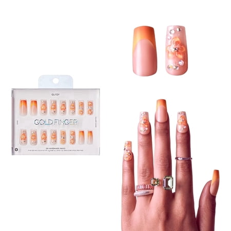 GoldFinger Glitzy 3D Handmade Press On Nail Kit, Rhinestone Gem Gradient French Tip Long Square False Nail, Reusable & Lasts Up To 2 Weeks Seamless Fit Technology With Glue, File & 28Pcs Manicure Set