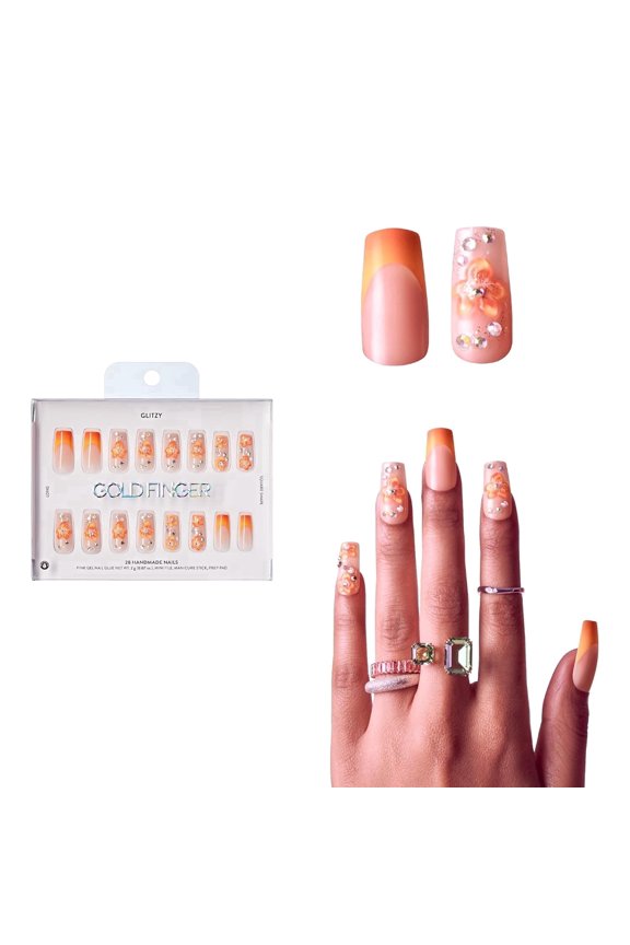 Glitzy 3D Handmade Press On Nail Kit, Rhinestone Gem Gradient French Tip Long Square False Nail, Reusable & Lasts Up To 2 Weeks Seamless Fit Technology With Glue, File & 28Pcs Manicure Set