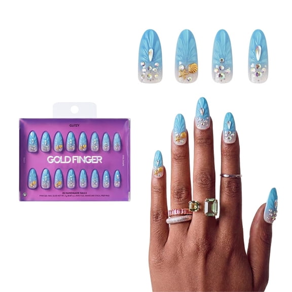 Glitzy 3D Handmade Press On Nail Kit, Rhinestone Mermaid Seashell Blue Gradient Long Oval False Nail, Reusable & Lasts Up To 2 Weeks, Seamless Snug Fit Technology, Includes Glue & 28Pcs Manicure Set