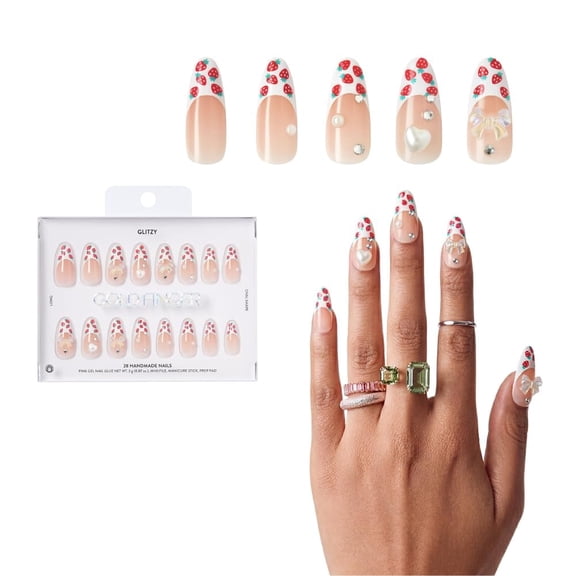 Glitzy 3D Handmade Press On Nail Kit, Rhinestone Strawberry French Tip Long Almond False Nail, Reusable & Lasts Up To 2 Weeks, Seamless Snug Fit Technology, Includes Glue, File & 28Pcs Manicure Set