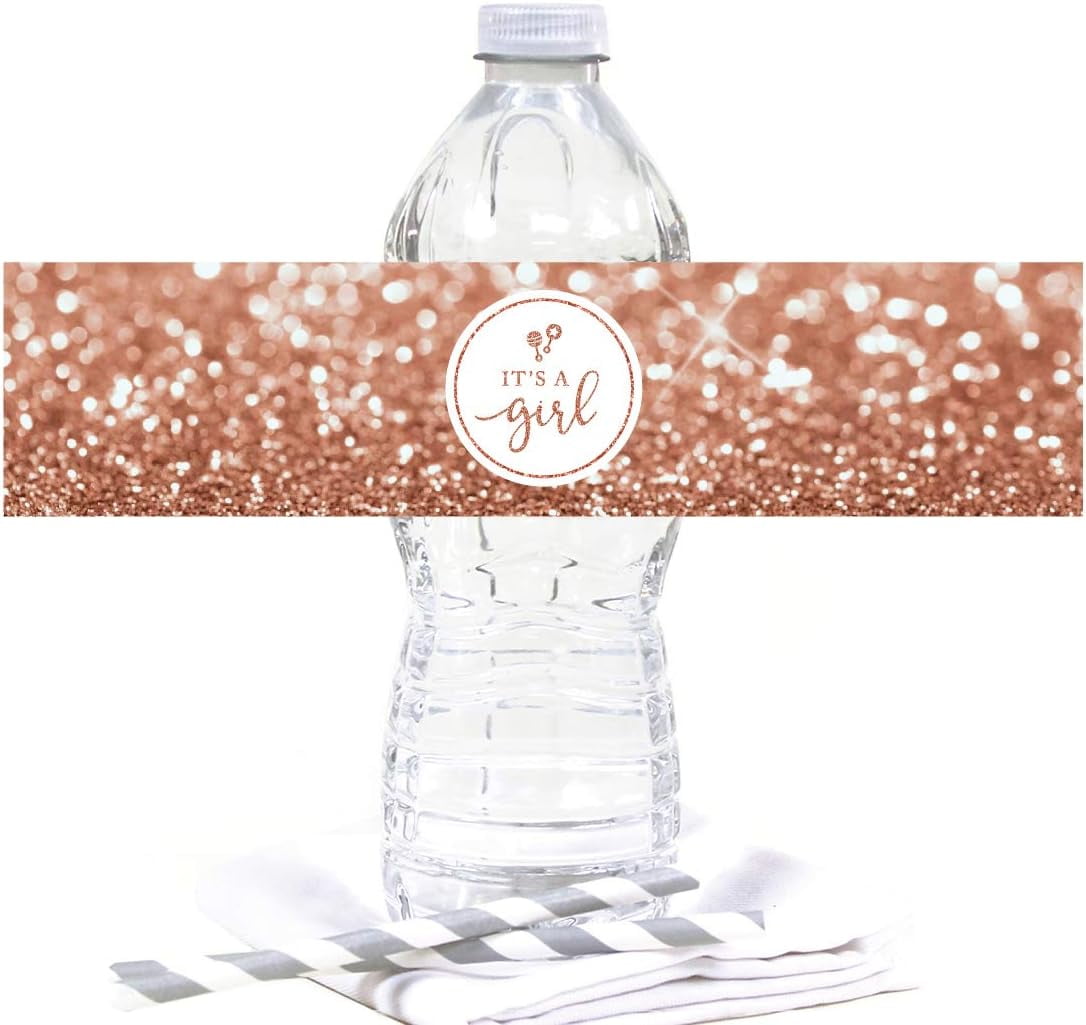 Glitzy Rose Gold Glitter Water Bottle Stickers for Baby Shower, 'It's a ...