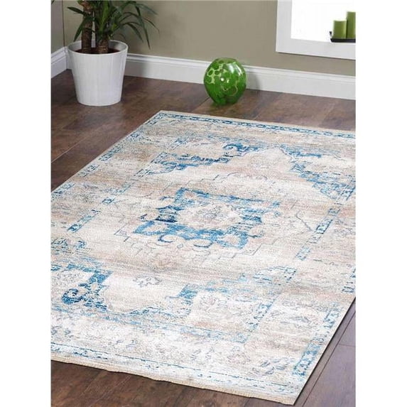 Glitzy Rugs Machine Woven Crossweave Polyester Oriental Rectangle Area Rug - Ivory & Blue - 4 ft. 8 in. x 6 ft. 9 in.