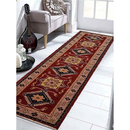 Glitzy Rugs UBSAF0103K2601G25 2 ft. 6 in. x 10 ft. Hand Knotted Afghan Wool & Silk Kazak Runner Rug, Red & Beige