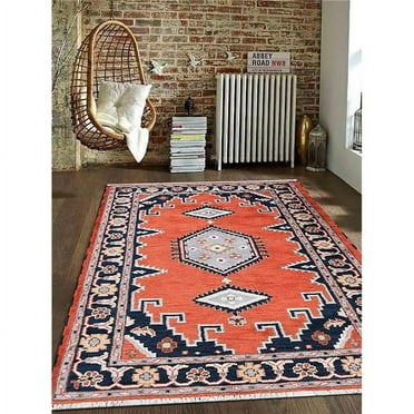 Glitzy Rugs UBSAF0112KY1538A9 5 x 8 ft. Hand Knotted Afghan Wool & Silk Kazak Rectangle Area Rug, Dark Orange & Navy