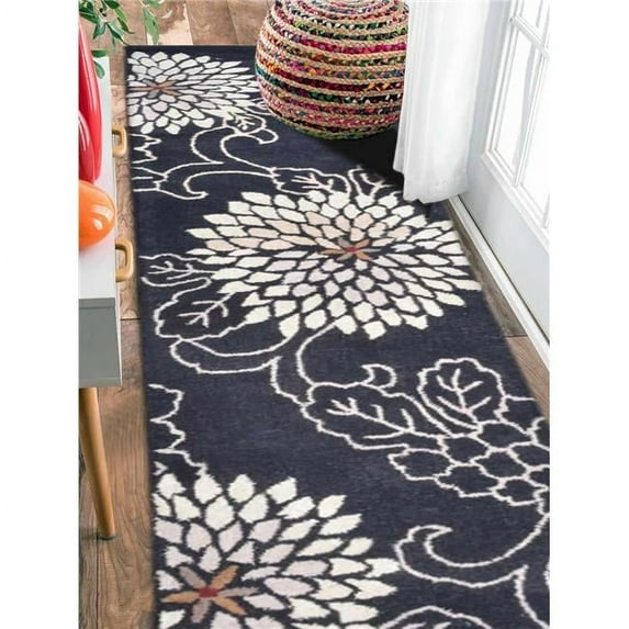 Glitzy Rugs UBSK00664T0002G33 2 ft. 6 in. x 12 ft. Handmade Floral Hand Tufted Wool Runner Rug, Black