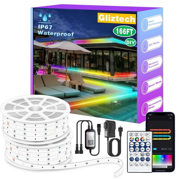 Gliztech 166ft RGB+IC IP67 Outdoor LED Strip Lights Waterproof, DIY, Chasing, Segment RGB Flow LED Strip Work with BT APP and RF Remote for Outdoor (RGB+IC)