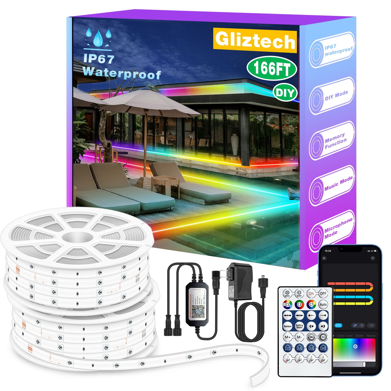 Gliztech 166ft RGB+IC IP67 Outdoor LED Strip Lights Waterproof, DIY, Chasing, Segment RGB Flow LED Strip Work with BT APP and RF Remote for Outdoor (RGB+IC)