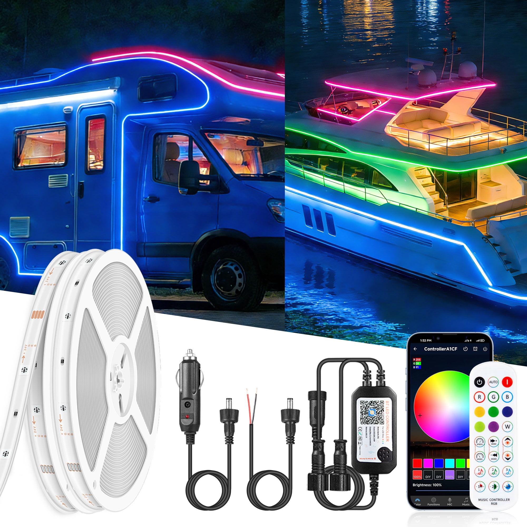 Gliztech 50FT RV Awning Lights Strip, 12V RGB Camper Awning Light App ...