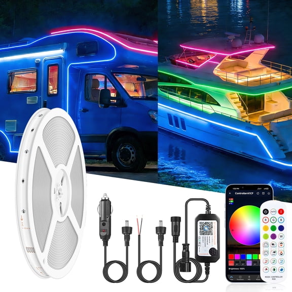 Gliztech 50FT RV Awning Lights Strip, 12V RGB Camper Awning Light App Control, IP67 Waterproof RV LED Lighting Exterior & Interior, Camper Lights for Outside Van, Food Truck, Trailer, Boat