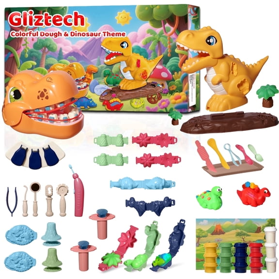 Gliztech Dinosaur Color Dough Sets, Includes Dino Dentist Play Set, Tyrannosaurus Rex Set, Jungle Dinosaur Molds and Cans Non-Toxic of Modeling Clay for Ages 3+ Boys and Girls Gift (4 in 1-51 Pcs)