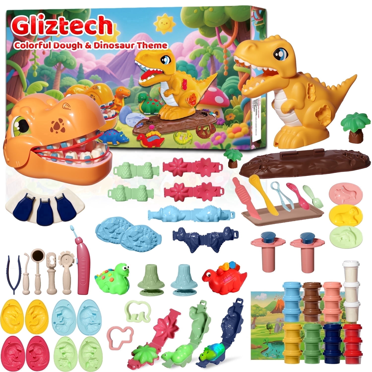 Gliztech Dinosaur Color Dough Sets, Includes Dino Dentist Play Set, Tyrannosaurus Rex Set, Jungle Dinosaur Molds and Cans Non-Toxic of Modeling Clay for Ages 3+ Boys and Girls Gift (5 in 1-73 Pcs)