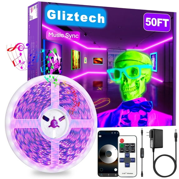 Gliztech 50FT Black Light Led Strip App Control, Black Light for Glow Party with Remote, Self Adhesive UV Light Strip for Halloween Decor, 24V