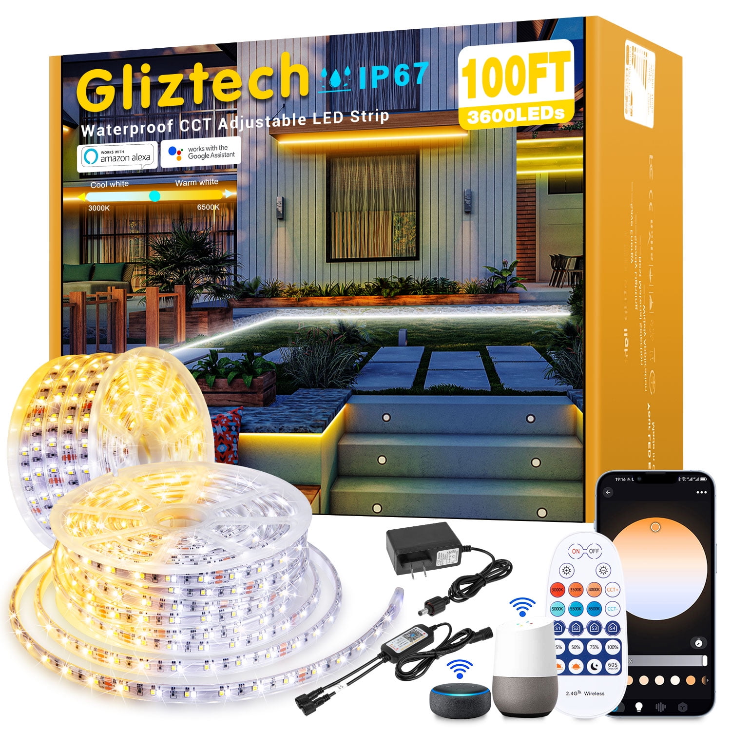 Gliztech Outdoor White Led Strip Lights, Alexa Compatible Rope Light
