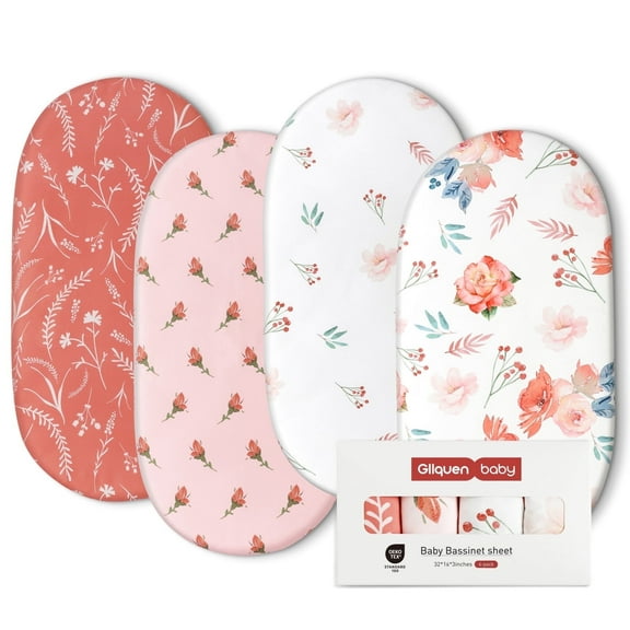Gllquen Baby Fitted Bassinet Sheets Set 4 Pack for Newborn Baby Girls 32 in x 16 in, Red Floral