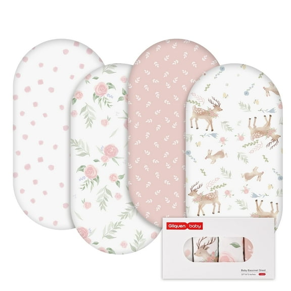 Gllquen Baby Fitted Bassinet Sheets Set 4-Pack For Newborn Infant Baby Boys Girls, Deer and Rose