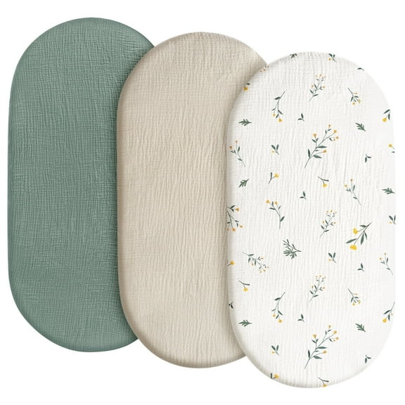 Gllquen Baby Muslin Cotton Bassinet Sheets 3-Pack for Newborn Infant Baby Boys Girls Hourglass Oval Rectangular Cradle Pad Sheets 33"X17", Leafy Green