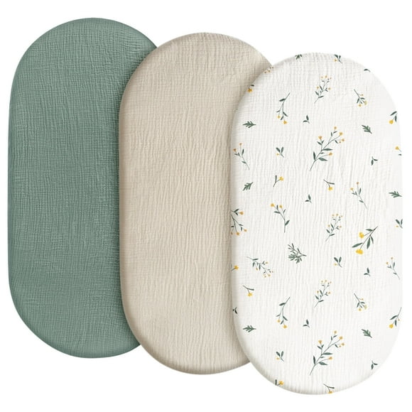 Gllquen Baby Muslin Cotton Bassinet Sheets 3-Pack for Newborn Infant Baby Boys Girls Hourglass Oval Rectangular Cradle Pad Sheets 33"X17", Leafy Green