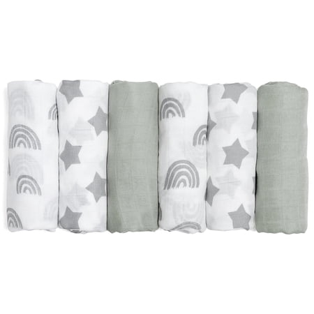Gllquen Baby Muslin Organic Cotton Swaddle Blankets 6-Pack for Newborn Infant Boys Girls 27 x 27", Grey Star