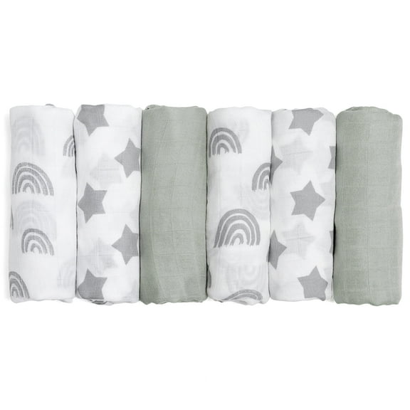 Gllquen Baby Muslin Organic Cotton Swaddle Blankets 6-Pack for Newborn Infant Boys Girls 27 x 27", Grey Star