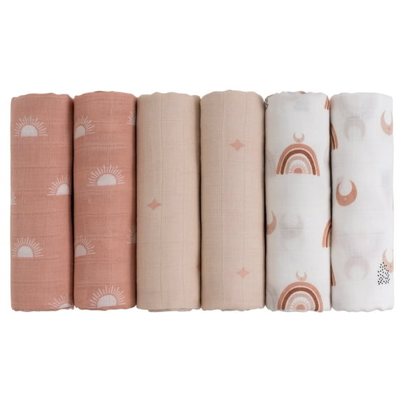 Gllquen Baby Muslin Organic Cotton Swaddle Blankets 6-Pack for Newborn Infant Girls and Boys, Sun and Moon