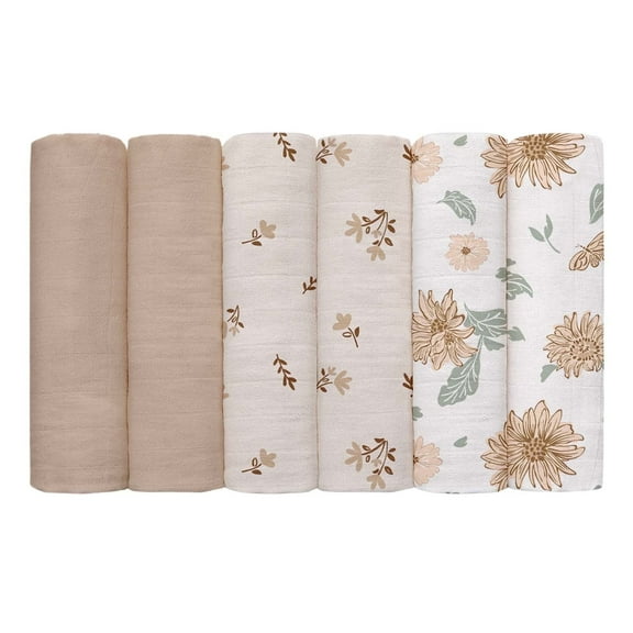Gllquen Baby Muslin Receiving Blanket 6-Pack Cotton Squares Breathable Cloths for Newborn Infant Boys Girls, 27 X 27", Sunflower