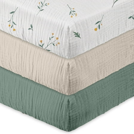Gllquen Baby Muslin Soft Cozy Cotton Mini Crib Pack N Play Fitted Sheets for Boys Girls 3-Pack, Leafy Green