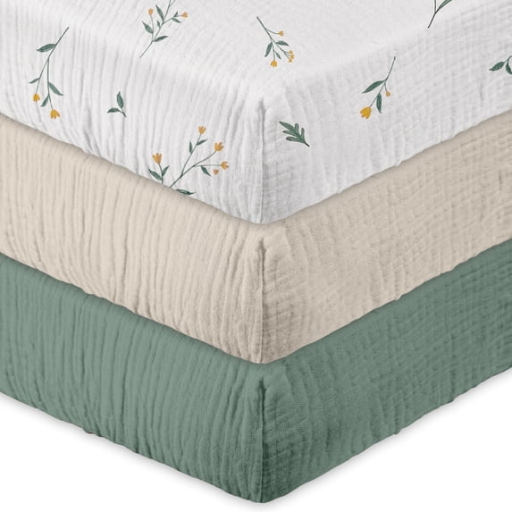 Gllquen Baby Muslin Soft Cozy Cotton Mini Crib Pack N Play Fitted Sheets for Boys Girls 3-Pack, Leafy Green