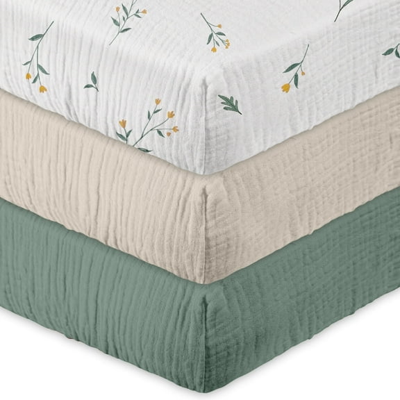 Gllquen Baby Muslin Soft Cozy Cotton Mini Crib Pack N Play Fitted Sheets for Boys Girls 3-Pack, Leafy Green