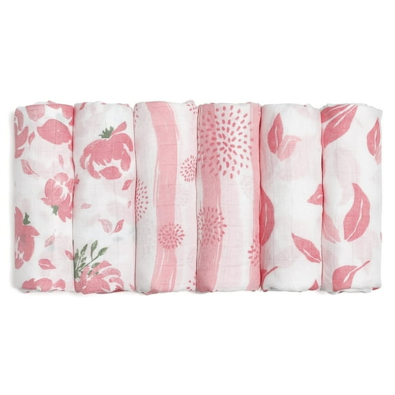Gllquen Baby Muslin Swaddle 6-Pack Swaddle Wrap Receiving Breathable Cotton Blankets for Newborn Infant Girls 27x27", Pink Floral