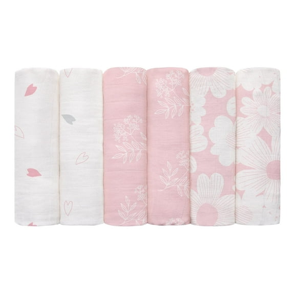 Gllquen Baby Muslin Swaddle Blankets 6-Pack Organic Cotton Blankets for Newborn Infant Girls Boys, 28 X 28", Rosebud
