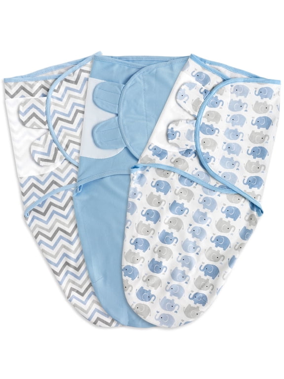 Organic Cotton Swaddle 3-Pack for 0-3 Months Newborn Infant Boys Girls, Blue Elephants