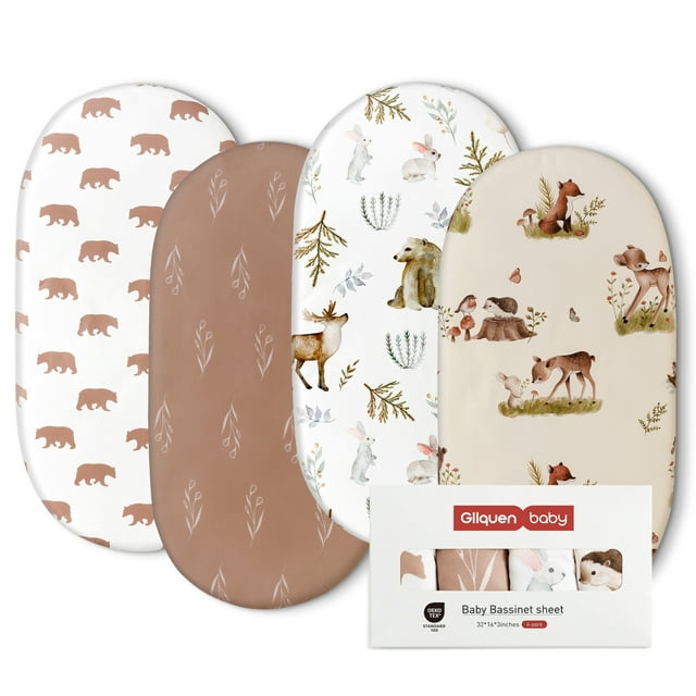 Gllquen Baby Premium Bassinet Sheets Set 4 Pack For Girls Newborns Infant Toddlers, Bears & Deers