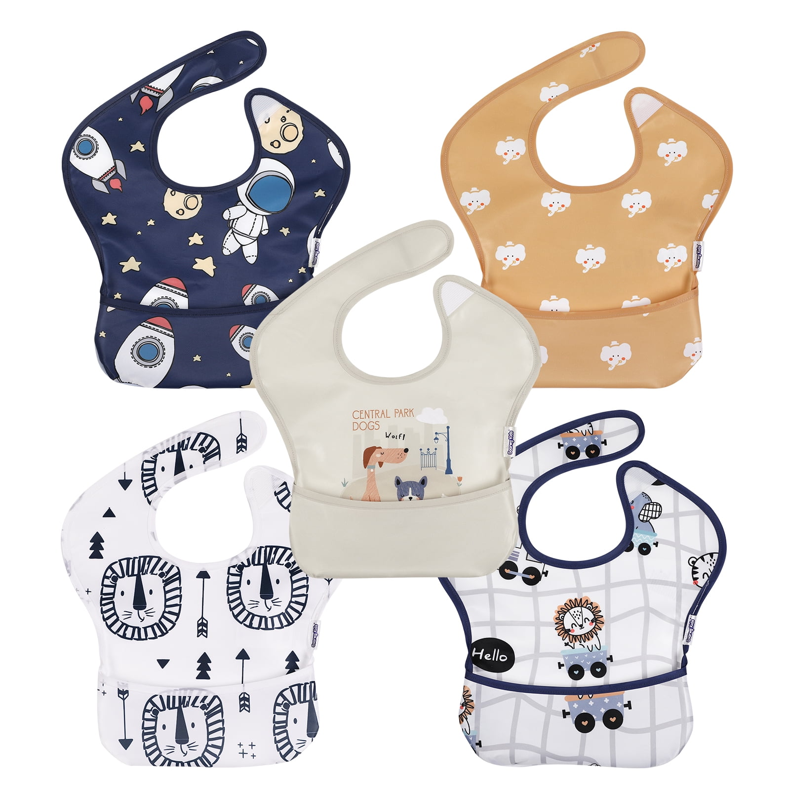Gllquen Baby Waterproof Feeding Bibs 5 Pack for Infant Toddler Boys Girls Elephant and Astronaut