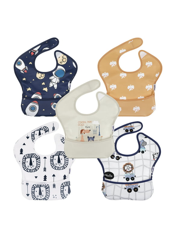 Gllquen Baby Waterproof Feeding Bibs 5 Pack for Infant Toddler Boys Girls, Elephant and Astronaut