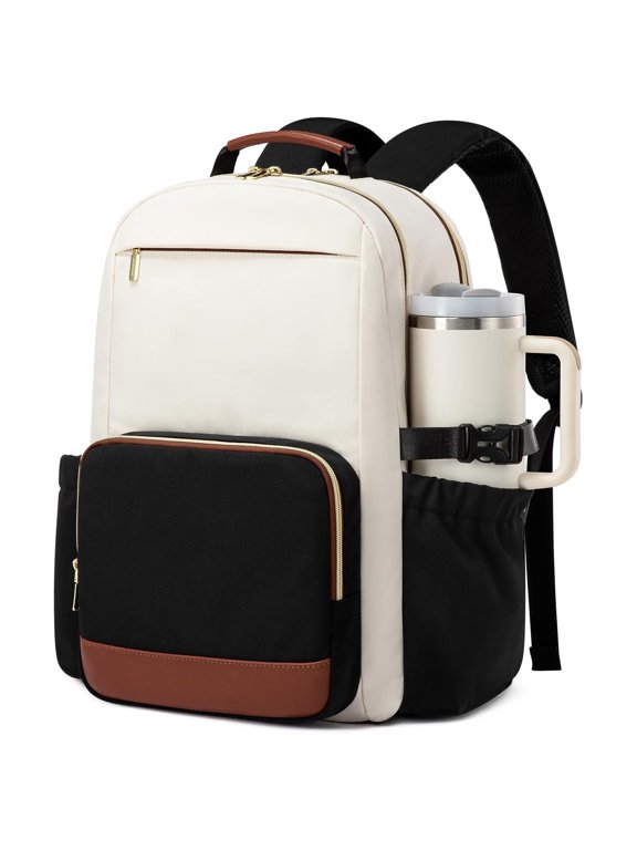 Laptop Backpack for Women with Pouch Pocket for Large Capacity Cup,15.6 Inch Laptop Computer Bag,Waterproof Work Business Backpack Beige-Black-Brown