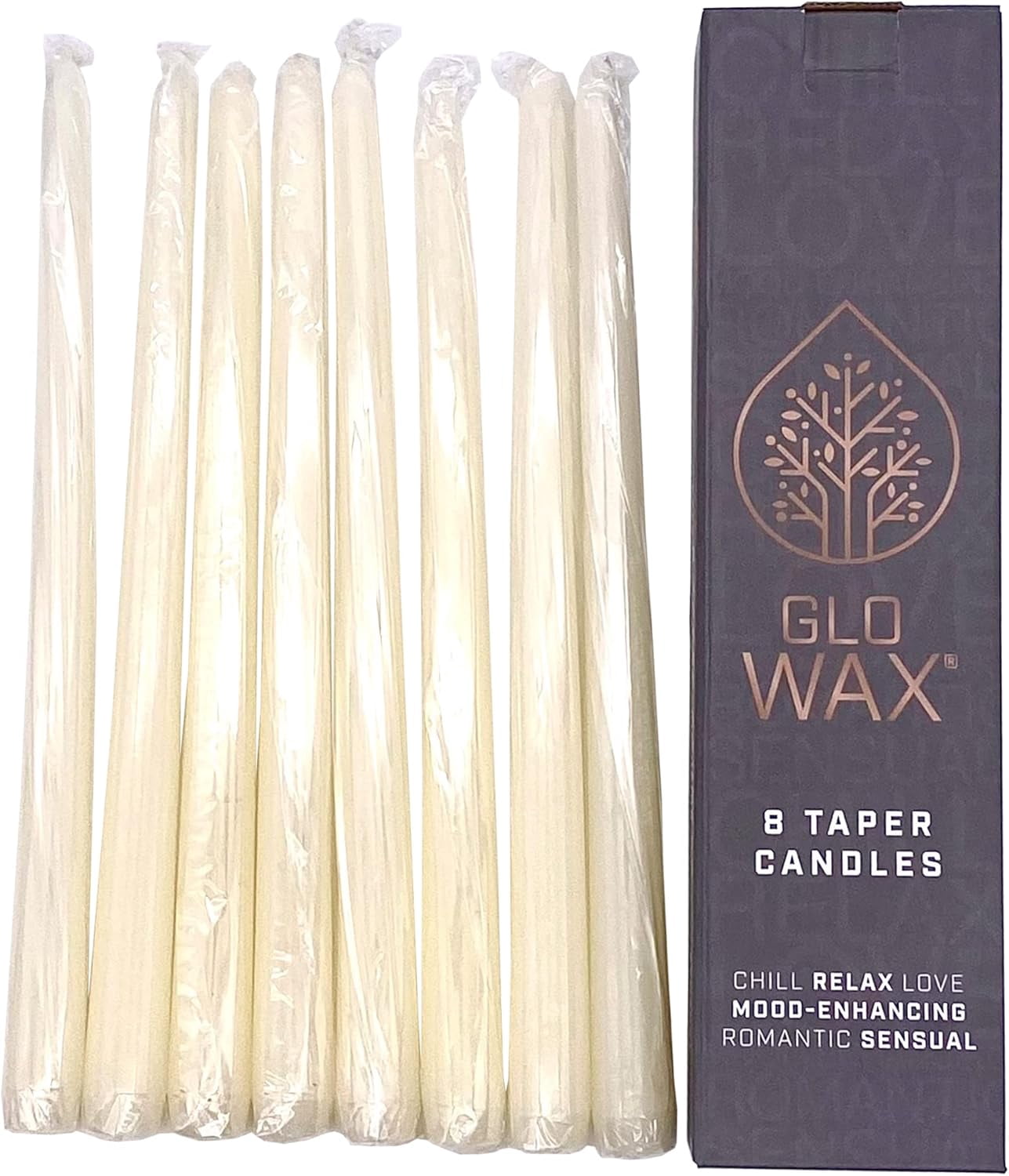 Glo Wax 12" Ivory Dripless Taper Candles, Unscented Paraffin Wax with Cotton Wicks, 8-Pack