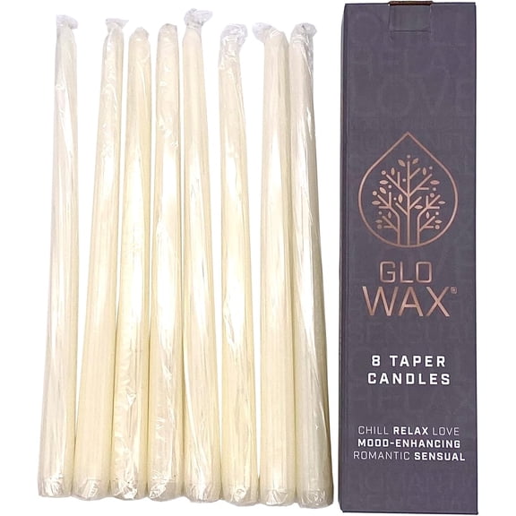 Glo Wax 12" Ivory Dripless Taper Candles, Unscented Paraffin Wax with Cotton Wicks, 8-Pack