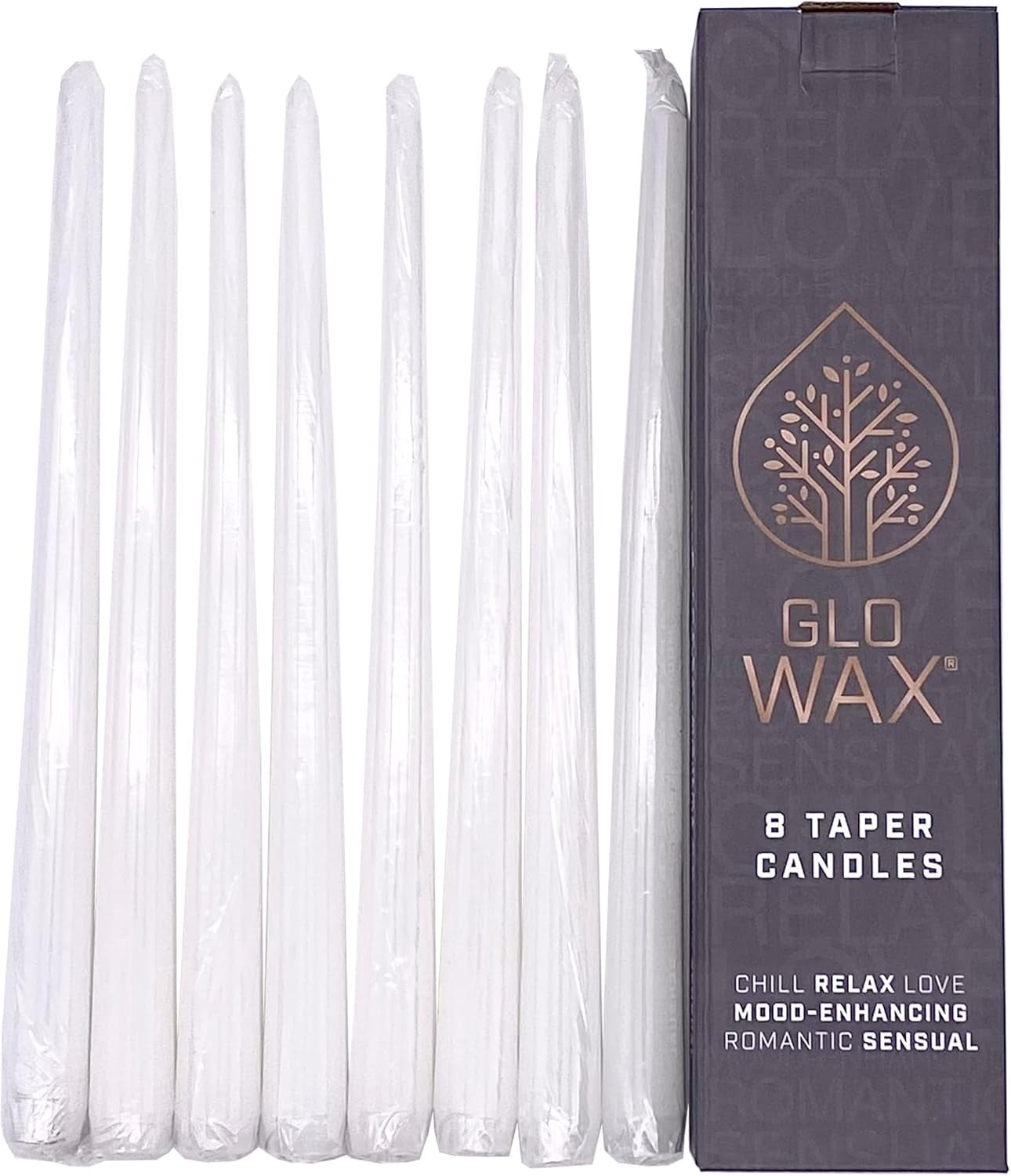 Glo Wax 12" White Dripless Taper Candles, Unscented Paraffin Wax with Cotton Wicks, 8-Pack