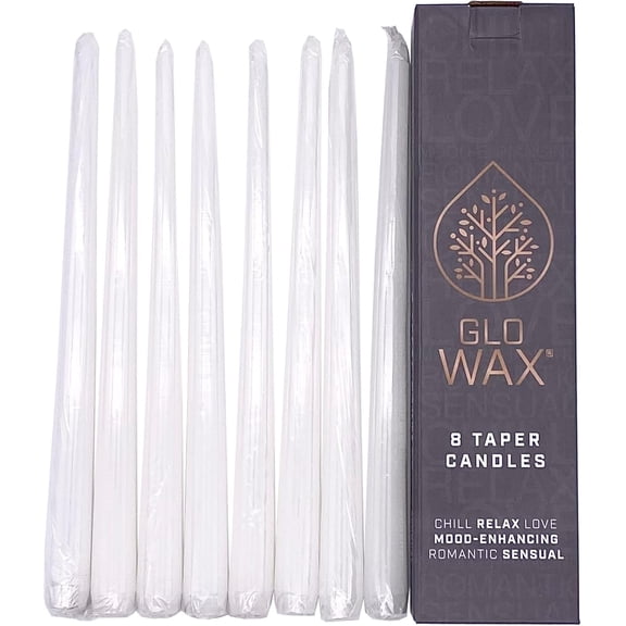 Glo Wax 12" White Dripless Taper Candles, Unscented Paraffin Wax with Cotton Wicks, 8-Pack