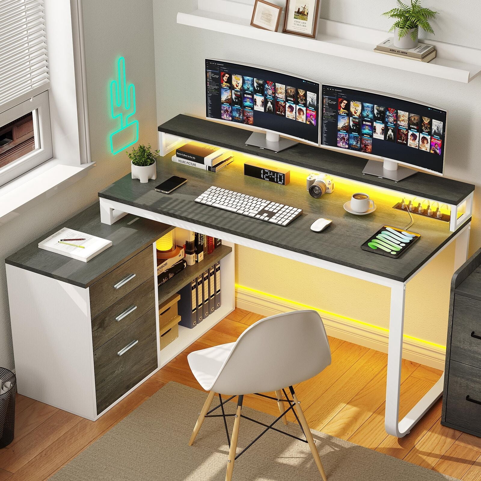 GloCart L Shaped Desk with Drawers, 55
