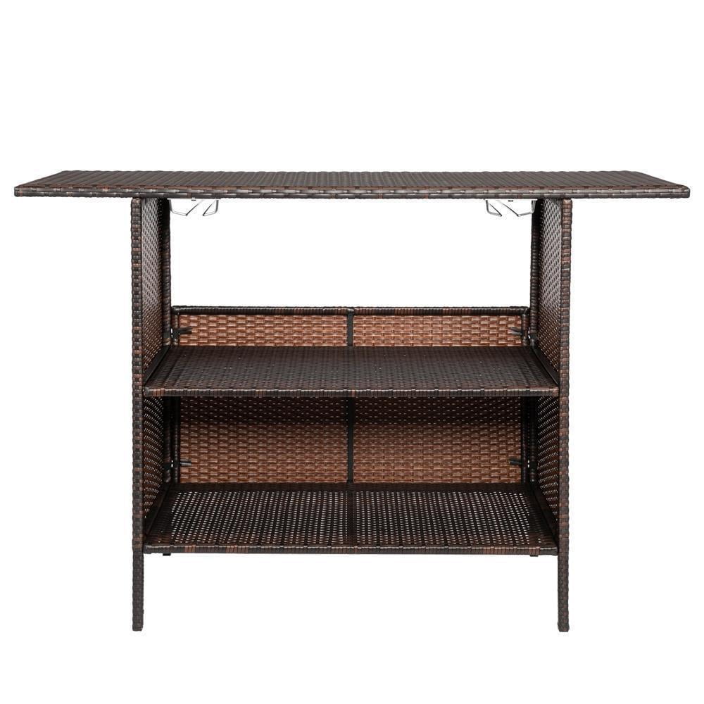GloCart Outdoor Bar Counter Table, Patio Wicker bar Table with 2 Layer Shelves and Wine Racks for Poolside, Backyard, Garden, Porches Brown