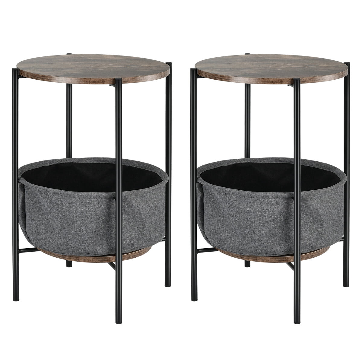 GloCart Set of 2 Industrial Round End Tables with Storage Basket ...