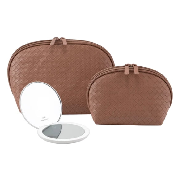 GloTech 2-pack Faux Leather Cosmetic Bags with Rechargeable Compact Mirror