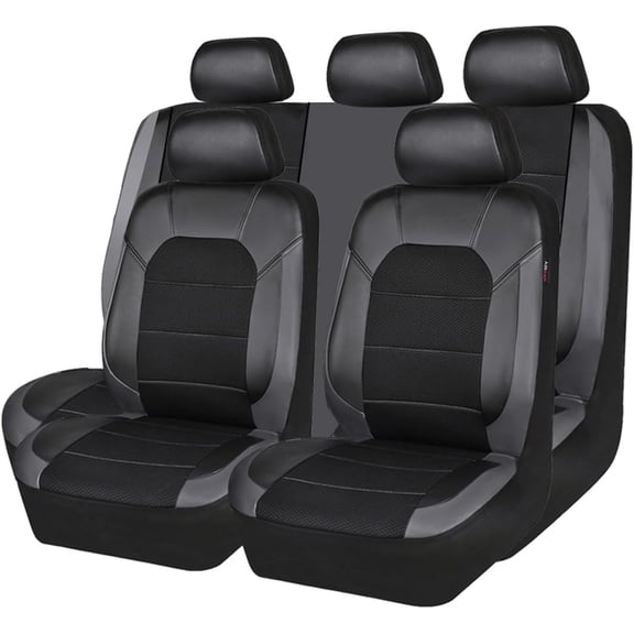 Global 9-Piece PU Leather Car Seat Cover Set – Full Coverage, Waterproof, Breathable, Non-Slip, Safety Cushion Compatible, Easy Installation –Includes Headrest Covers – Gray