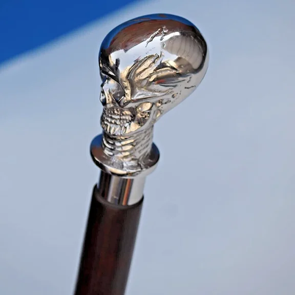 Global Antique 38'' Halloween Victorian Skull Face Vintage Black Wooden Walking Stick Cane Brass Gift for Men and Women Handmade Design