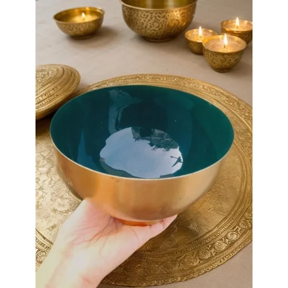 Global Antiquee Brass Serving Bowl with Teal Enamel Interior Decorative Metal Snack Bowl for Dry Fruits, Nuts & Candy Kitchen & Table Dcor