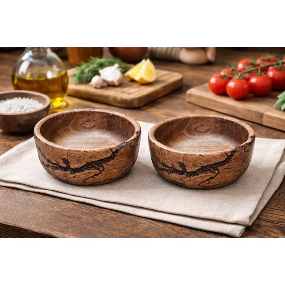 Global Antiquee Rustic Natural Wooden Serving Bowls Set of 2  Round Wood Salad Snack Bowl for Kitchen & Dining Table
